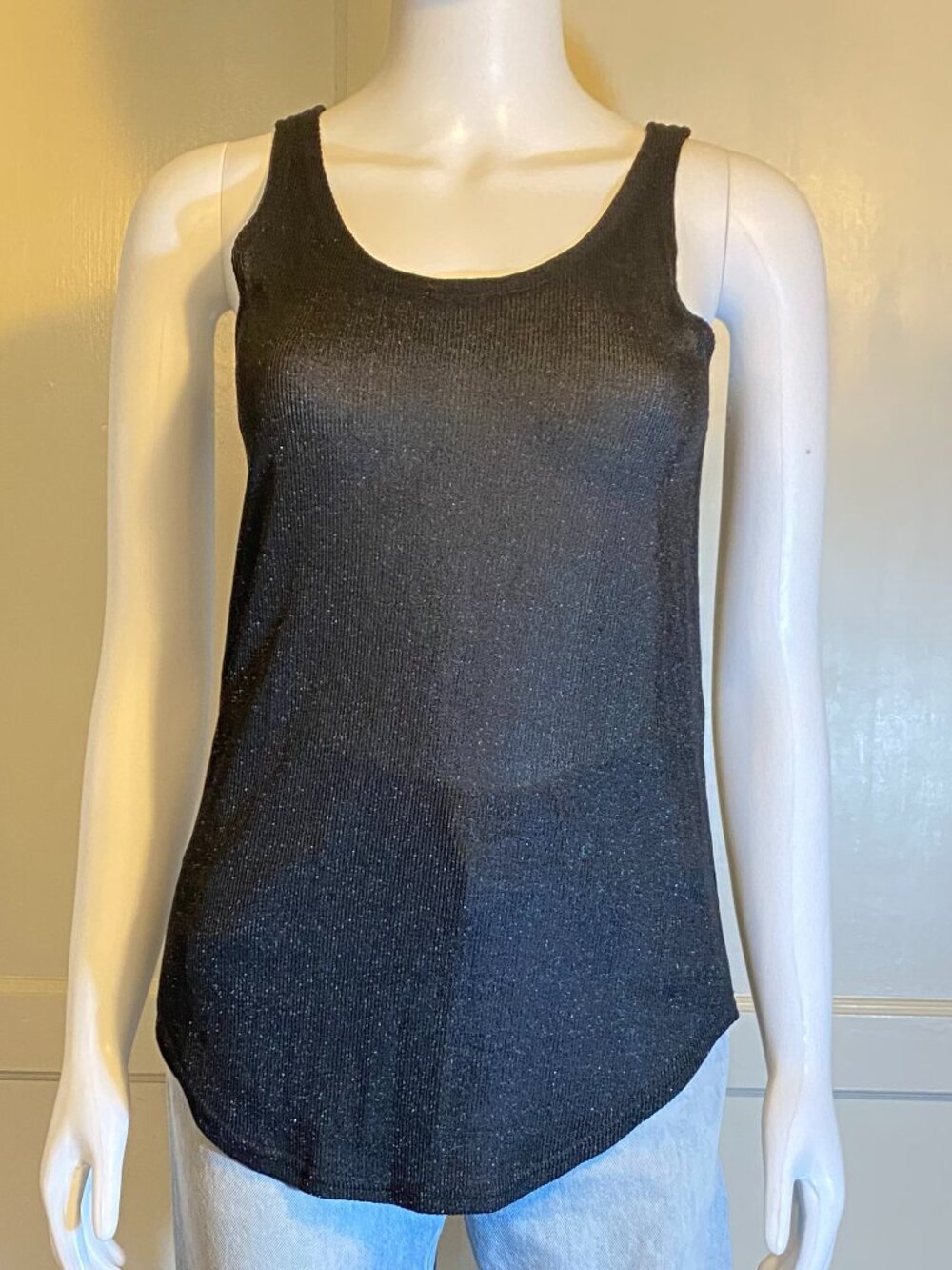 CACHE Vintage Black Shimmer Metallic Sleeveless Knit Tank Top Sweater Size Small